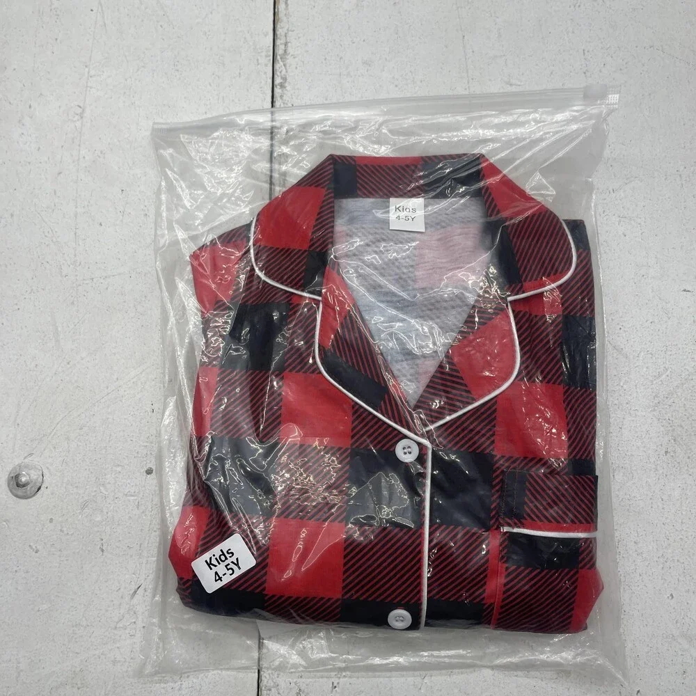 Buffalo Plaid Pajama Set Kids 4-5Y Red Jersey Button Front 2 Piece Sleepwear
